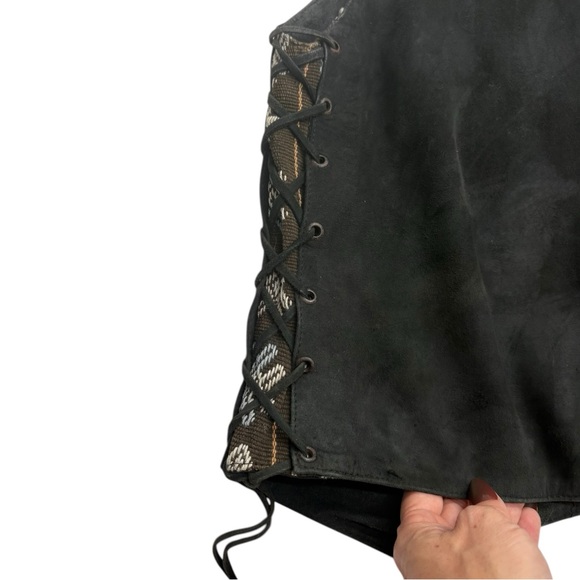 70s Vintage Leather & Southwestern Woven Festival Vest Lace-Up Sides - Picture 7 of 14